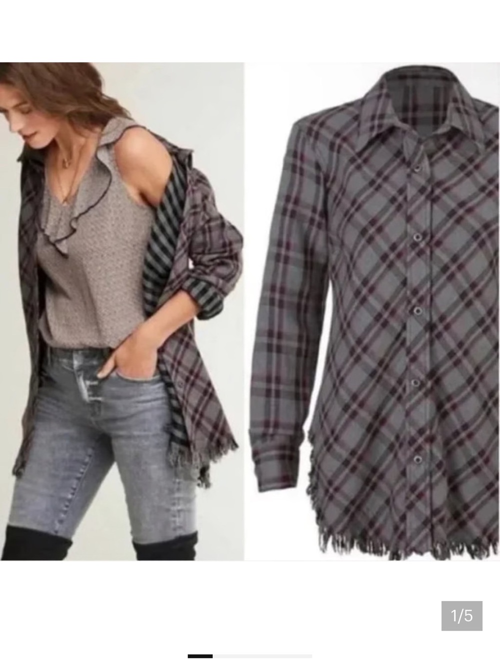 CAbi Gray Plaid Fringe-Hem Button-Front Shirt Jacket
